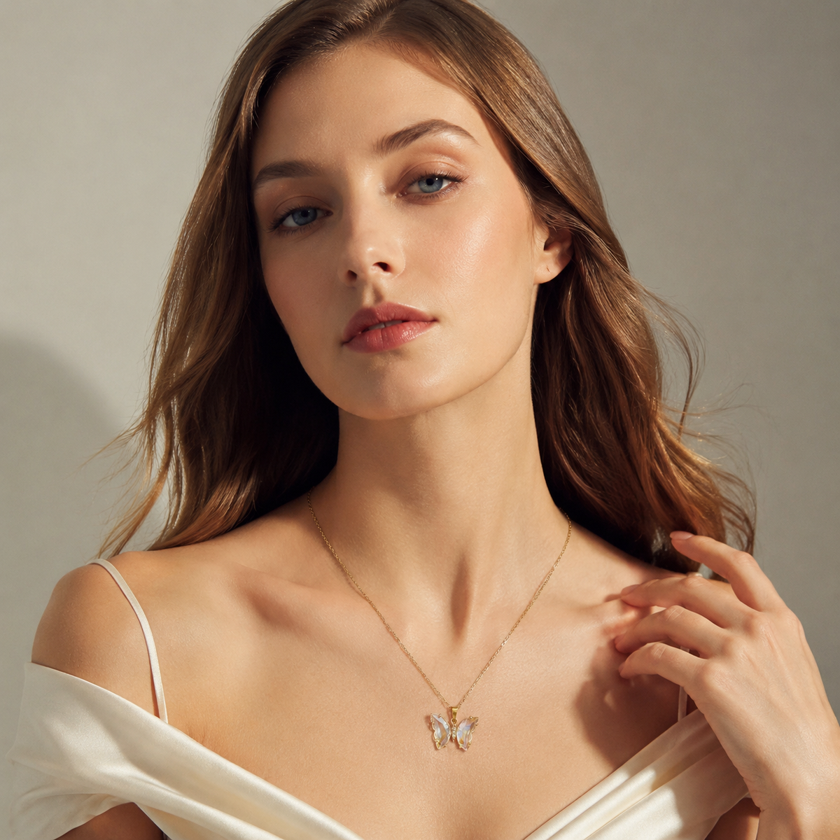 UDROZE Aurora Crystal butterfly necklace - model wearing the necklace