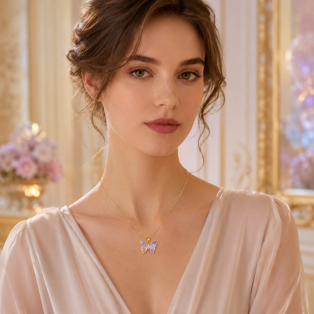 UDROZE Aurora Crystal butterfly necklace - model wearing the necklace