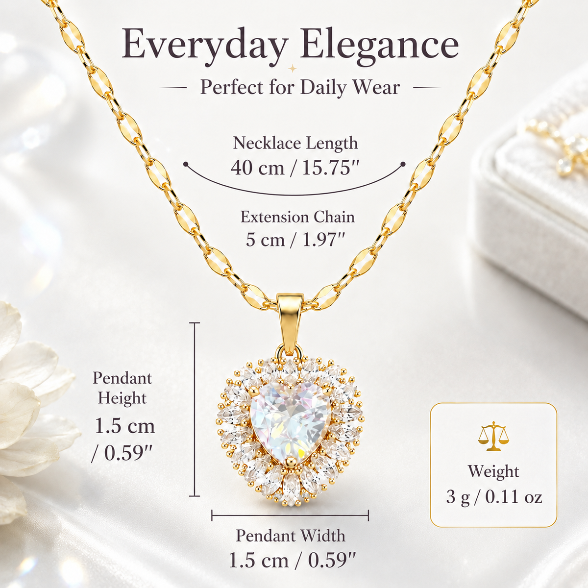 UDROZE Diamond Ice heart necklace - pendant dimensions