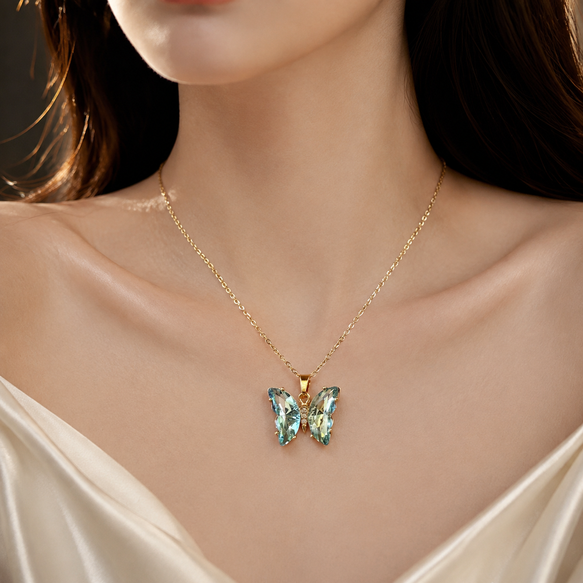 UDROZE Glacier Blue butterfly necklace - crystal detail