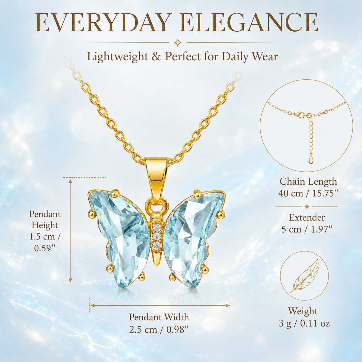 UDROZE Glacier Blue butterfly necklace - pendant dimensions