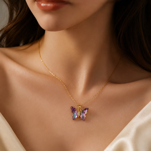 UDROZE Lavender Violet butterfly necklace - crystal detail