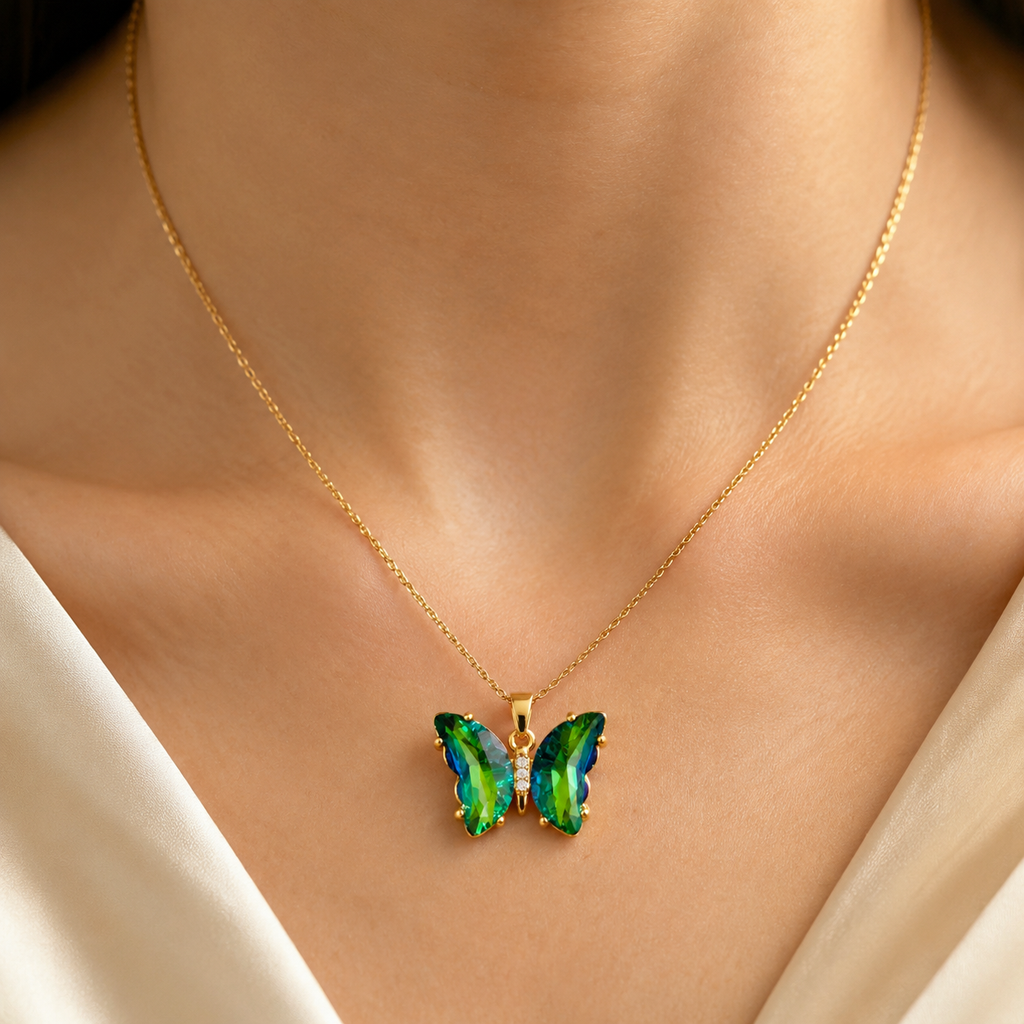 UDROZE Peacock Green butterfly necklace - crystal detail