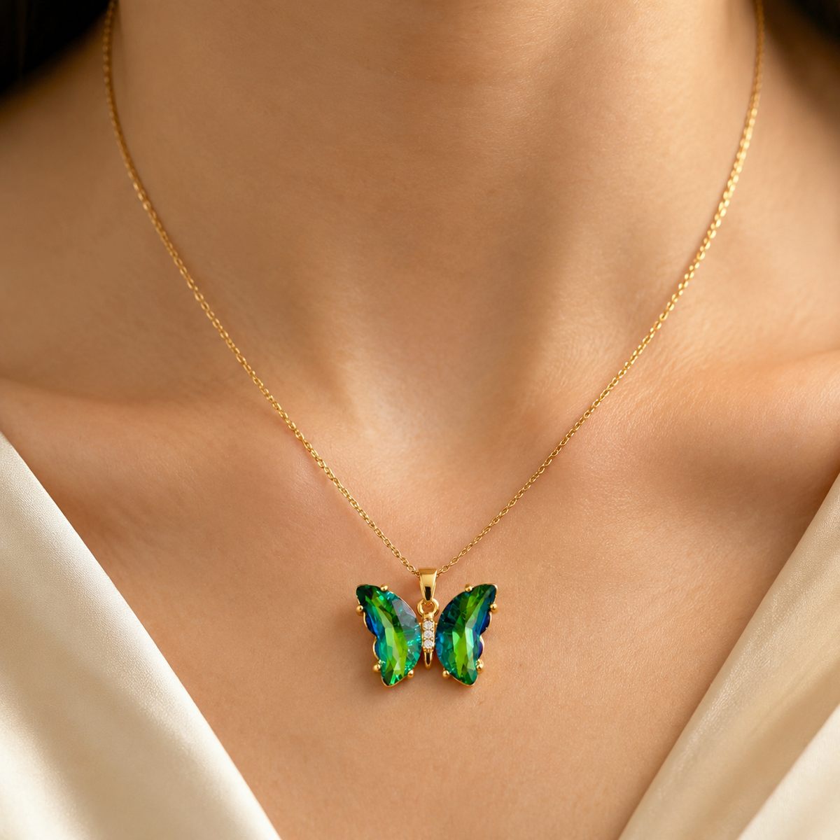 UDROZE Peacock Green butterfly necklace - crystal detail