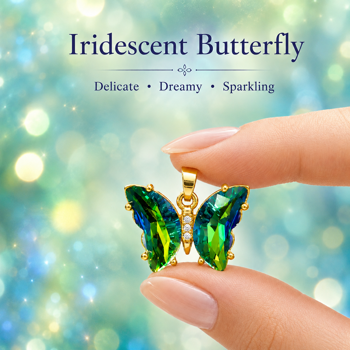 UDROZE Peacock Green butterfly necklace - crystal detail