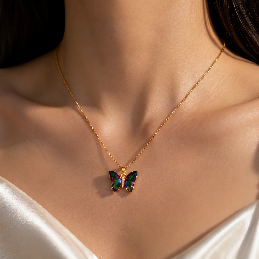 UDROZE Rainbow Aurora butterfly necklace - crystal detail