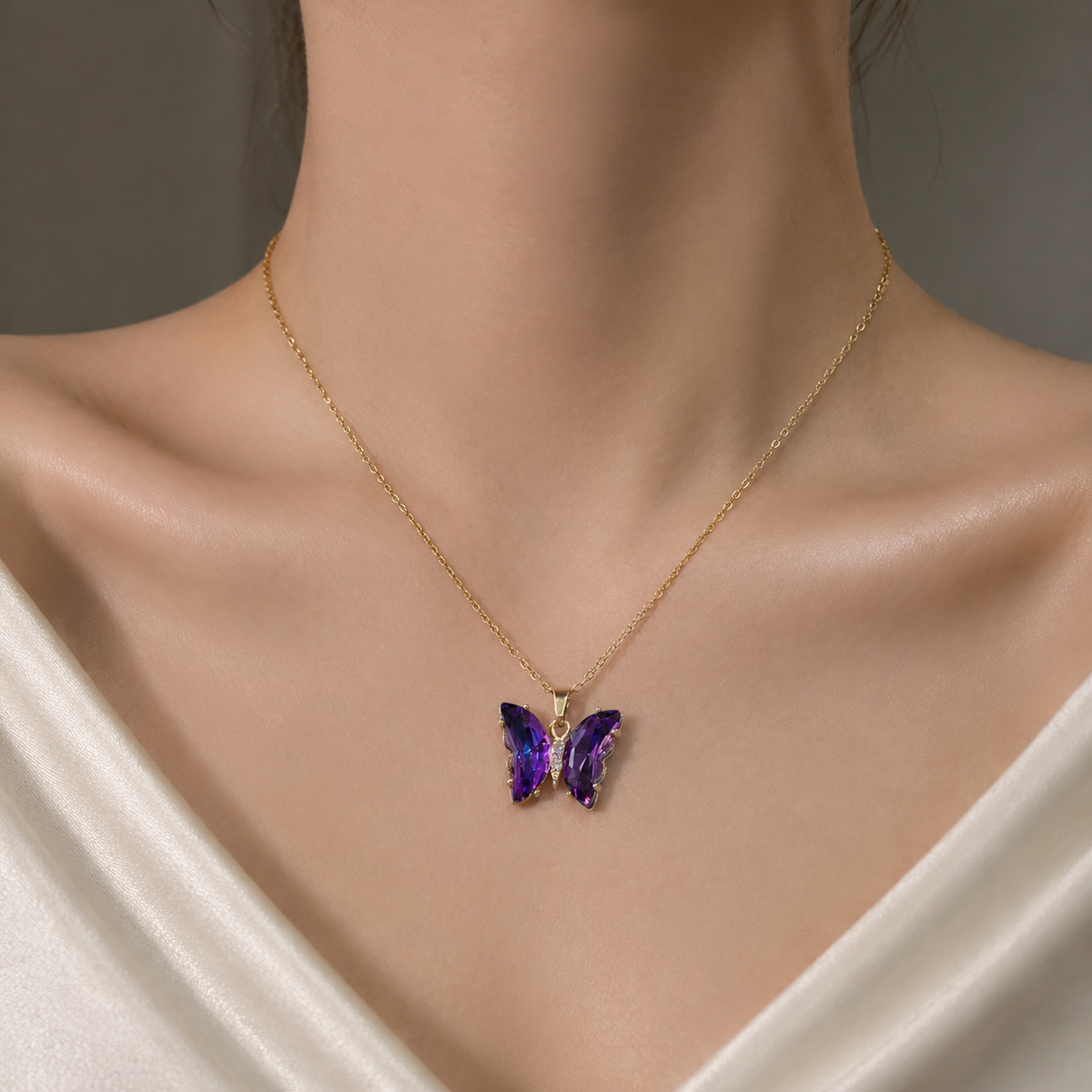UDROZE Twilight Violet butterfly necklace - crystal detail
