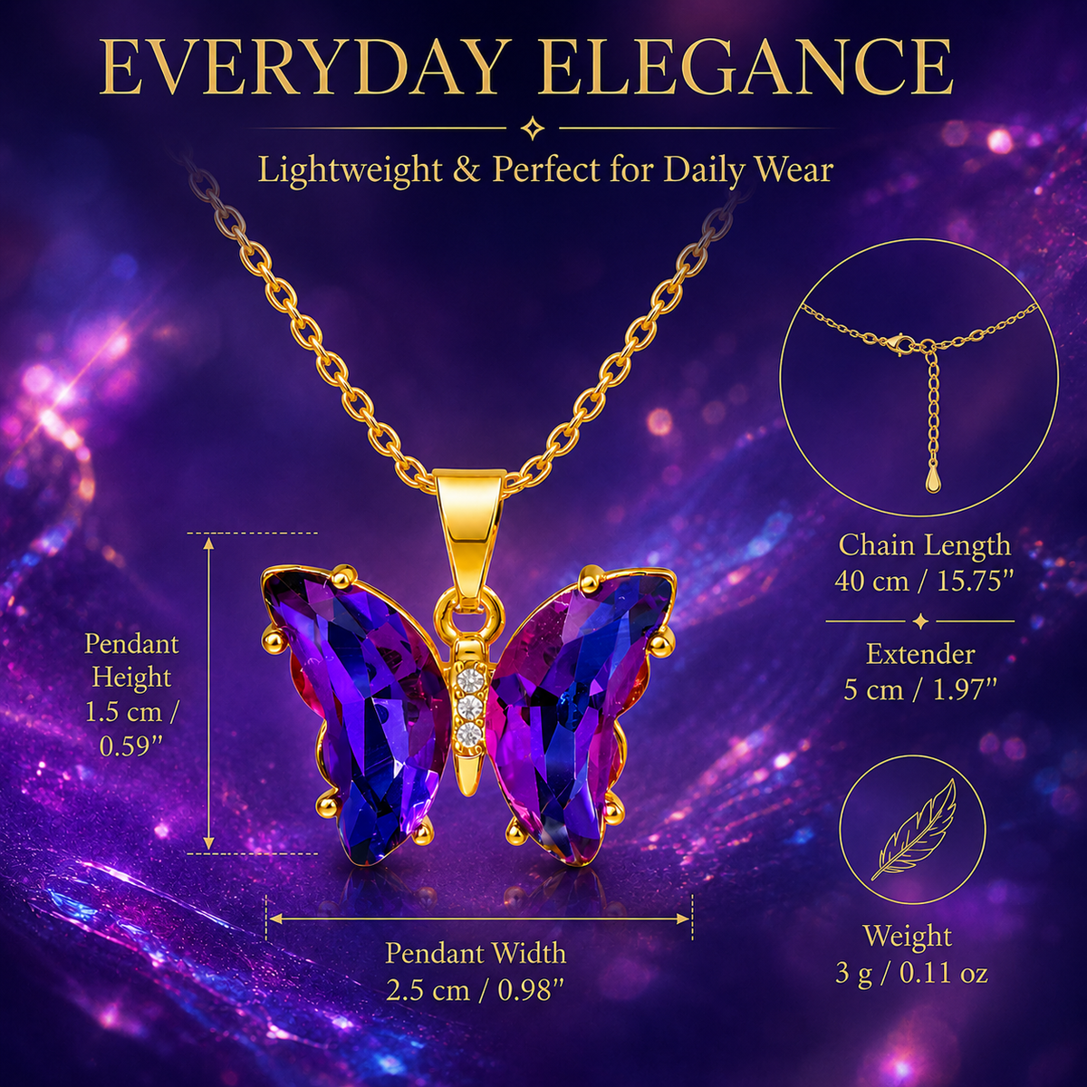 UDROZE Twilight Violet butterfly necklace - pendant dimensions