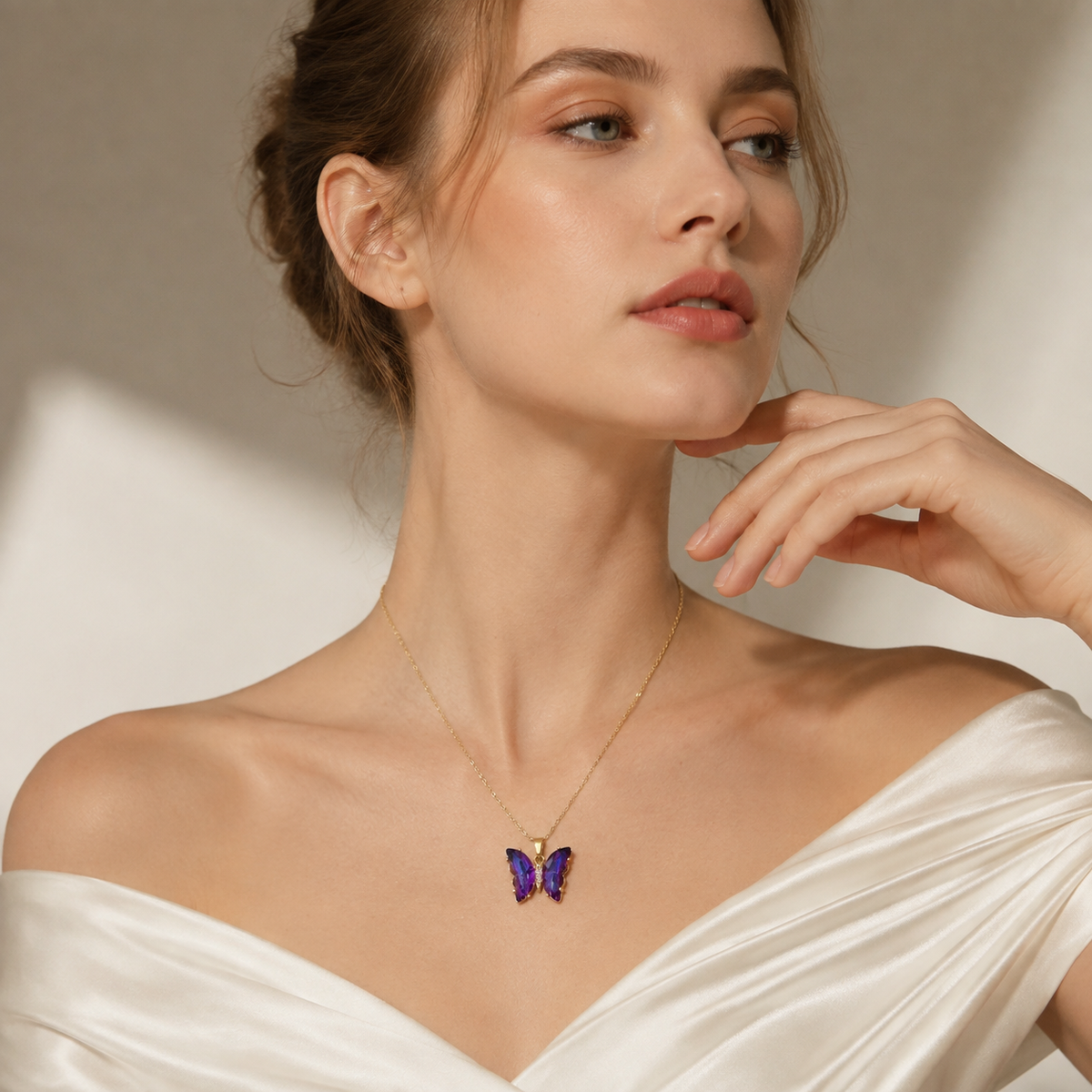 UDROZE Twilight Violet butterfly necklace - model wearing the necklace