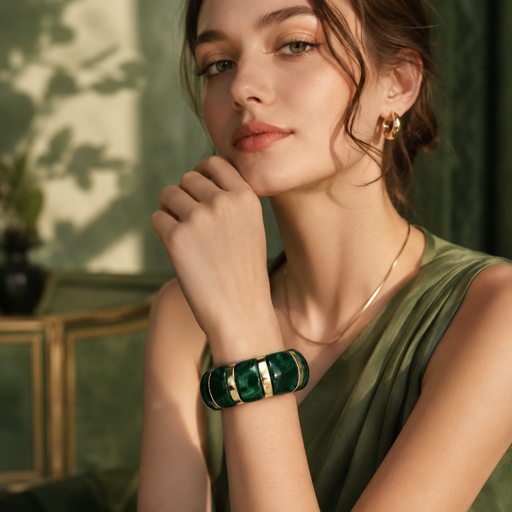 Udroze Emerald chunky resin stretch bangle bracelet - model wearing the bracelet