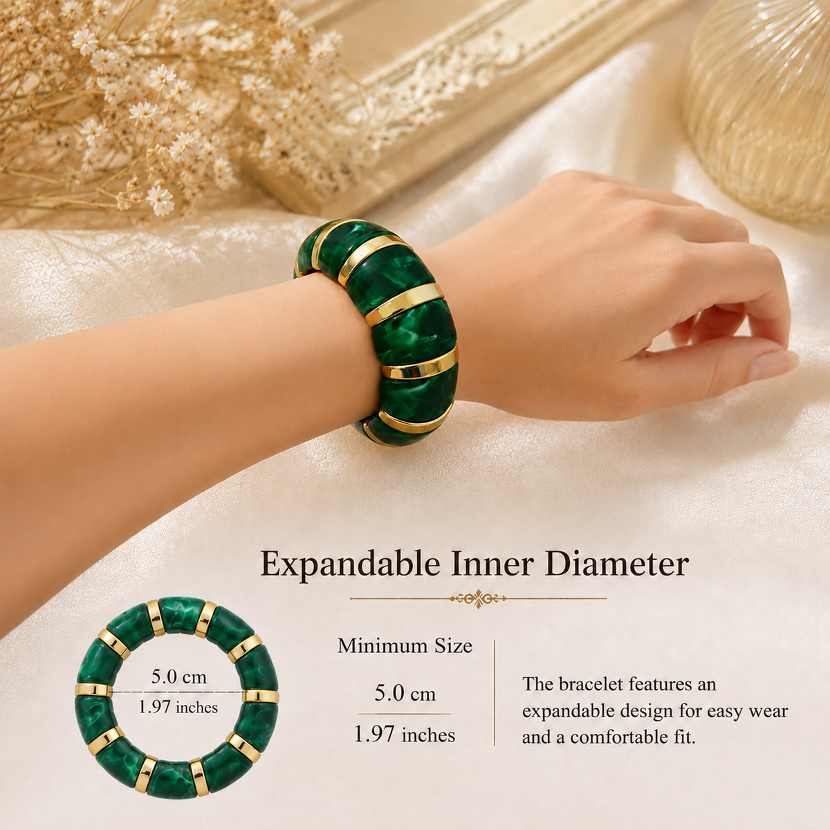 Udroze Emerald chunky resin stretch bangle bracelet - bracelet dimensions