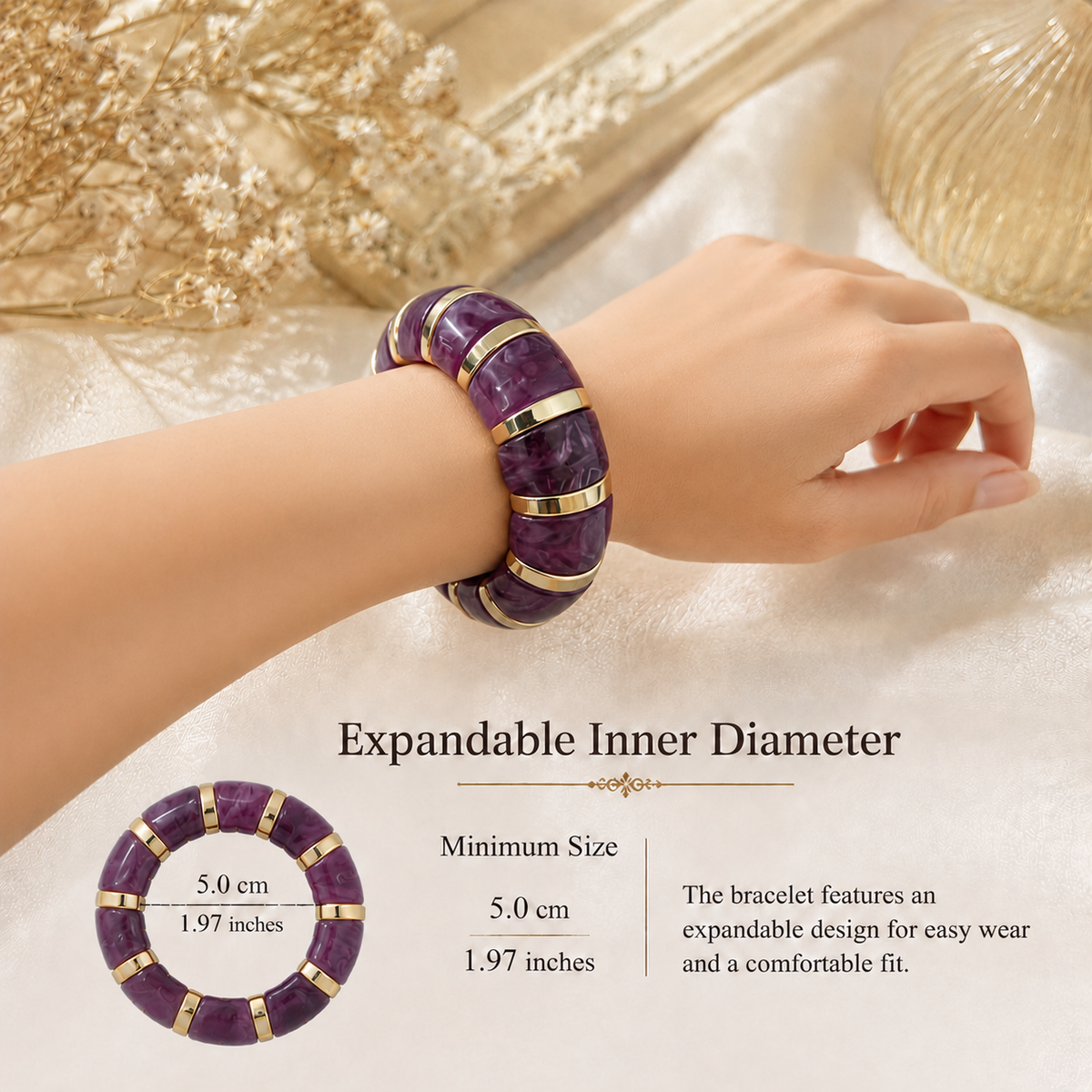 Udroze Mauve chunky resin stretch bangle bracelet - bracelet dimensions
