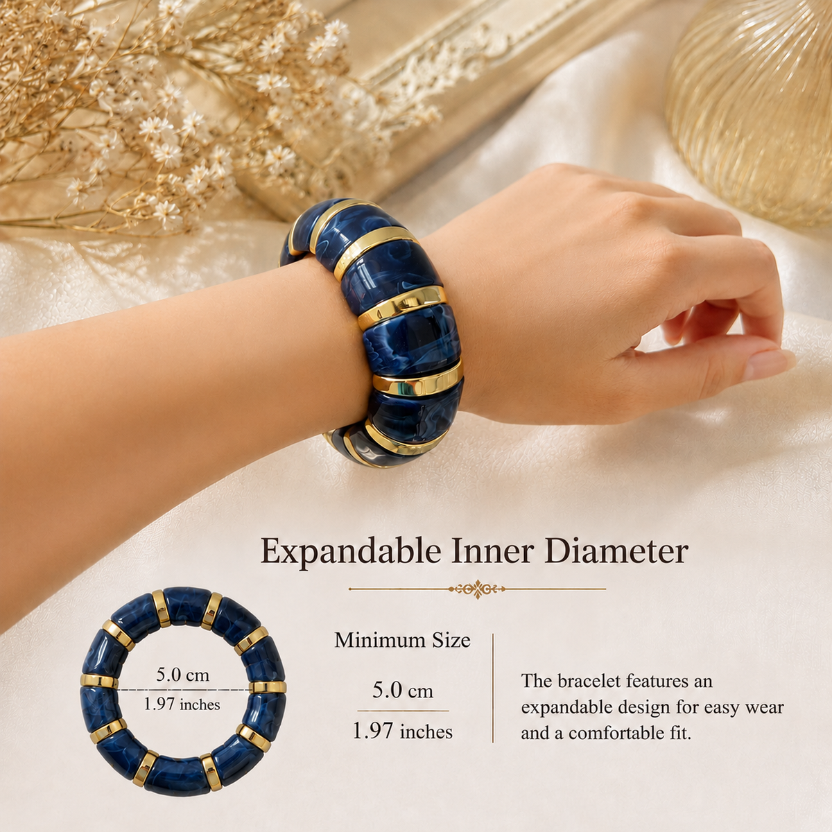 Udroze Navy chunky resin stretch bangle bracelet - dimensions