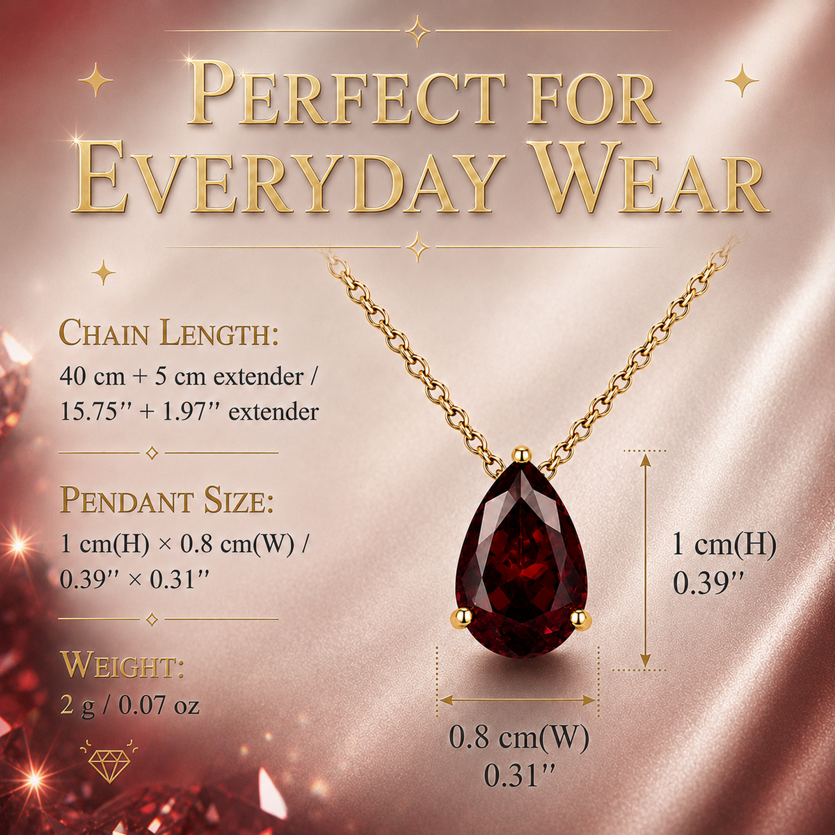 UDROZE January Burgundy teardrop birthstone necklace - necklace dimensions
