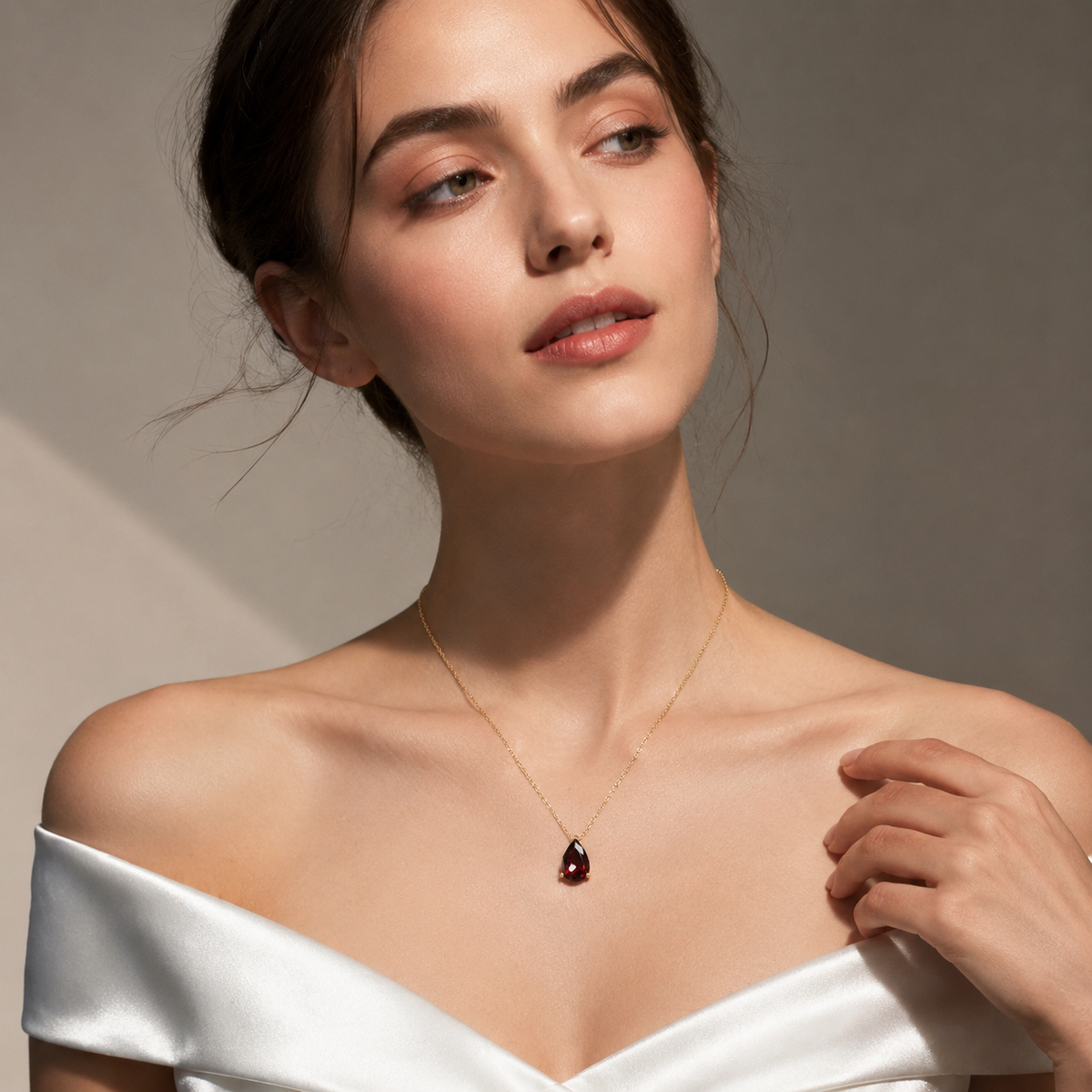 UDROZE January Burgundy teardrop birthstone necklace - model wearing the necklace