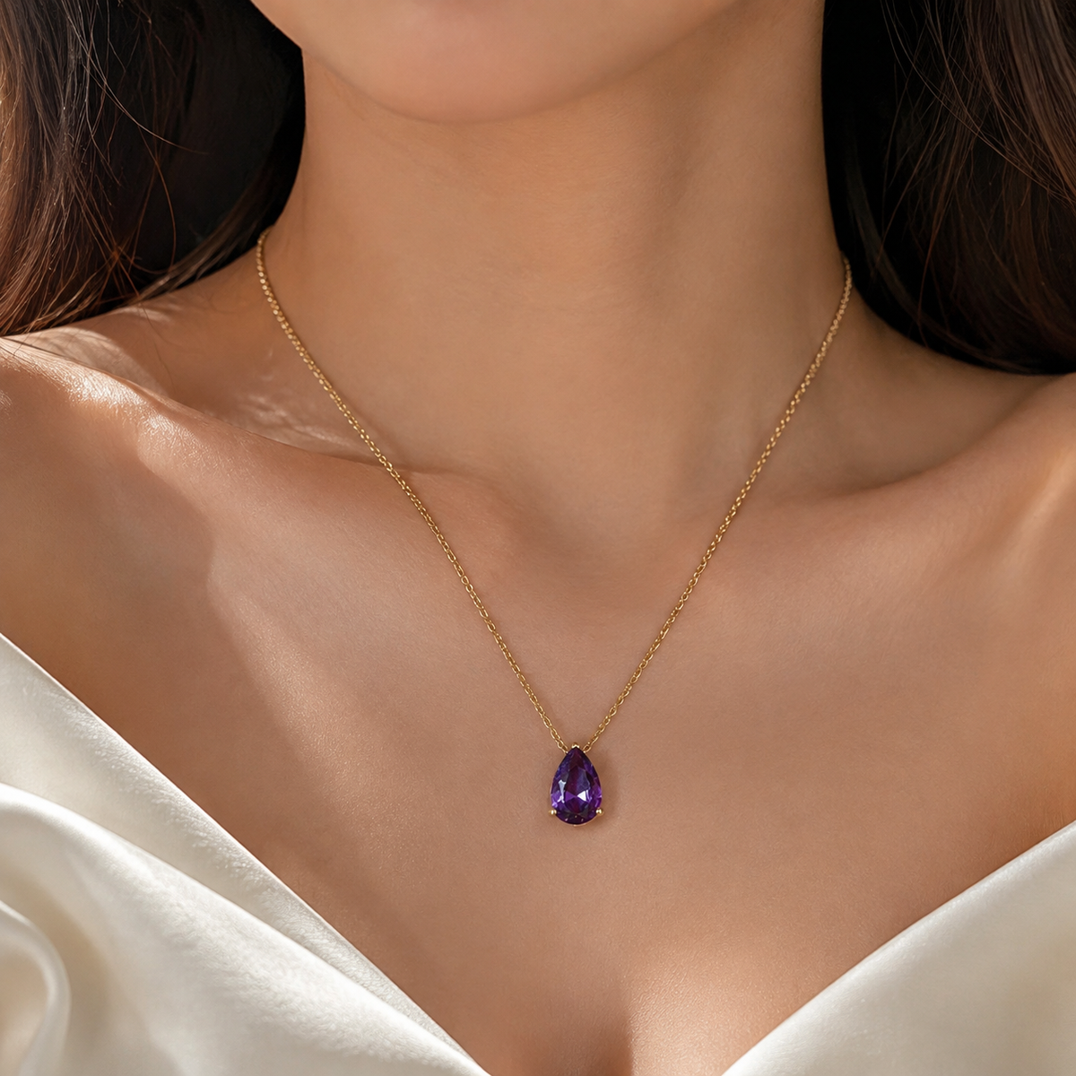 UDROZE February Amethyst Purple teardrop birthstone necklace - pendant detail