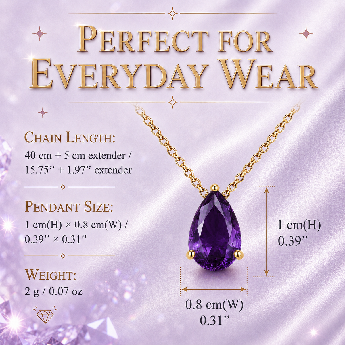UDROZE February Amethyst Purple teardrop birthstone necklace - necklace dimensions