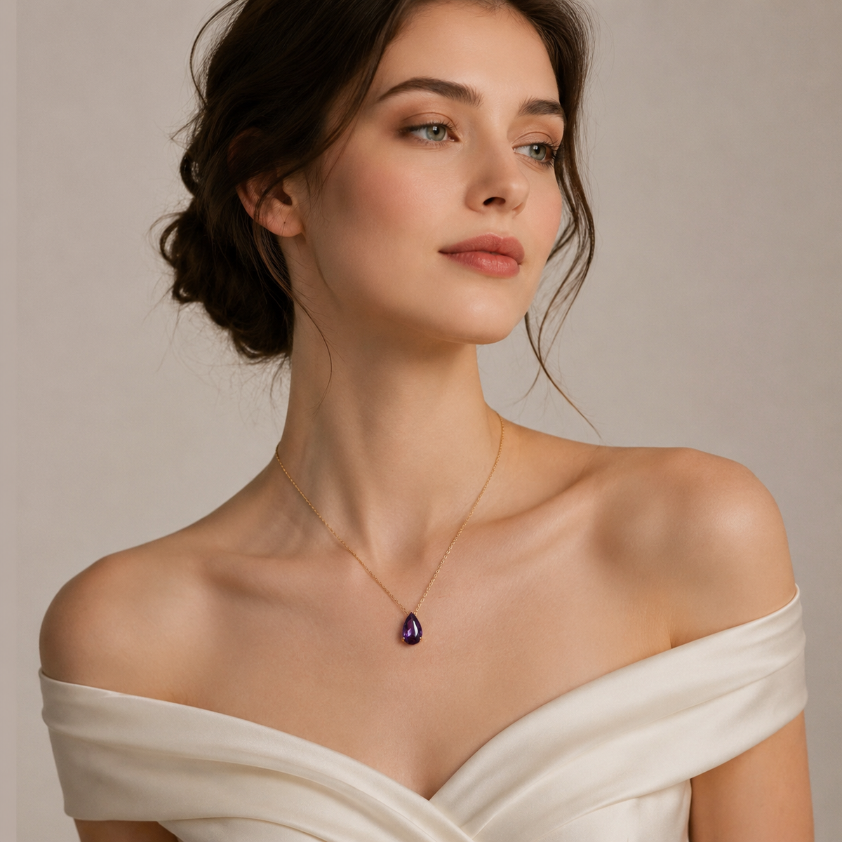 UDROZE February Amethyst Purple teardrop birthstone necklace - model wearing the necklace