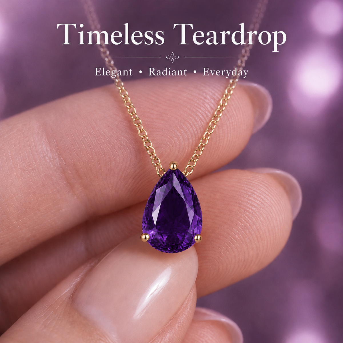 UDROZE February Amethyst Purple teardrop birthstone necklace - pendant detail