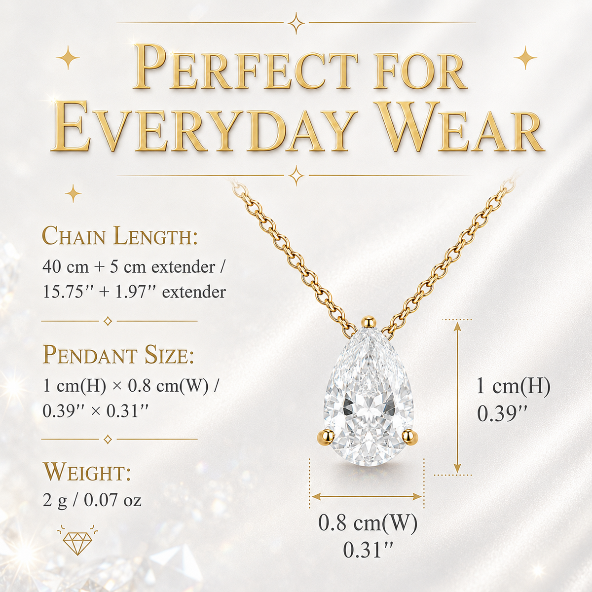 UDROZE April Crystal Clear teardrop birthstone necklace - necklace dimensions