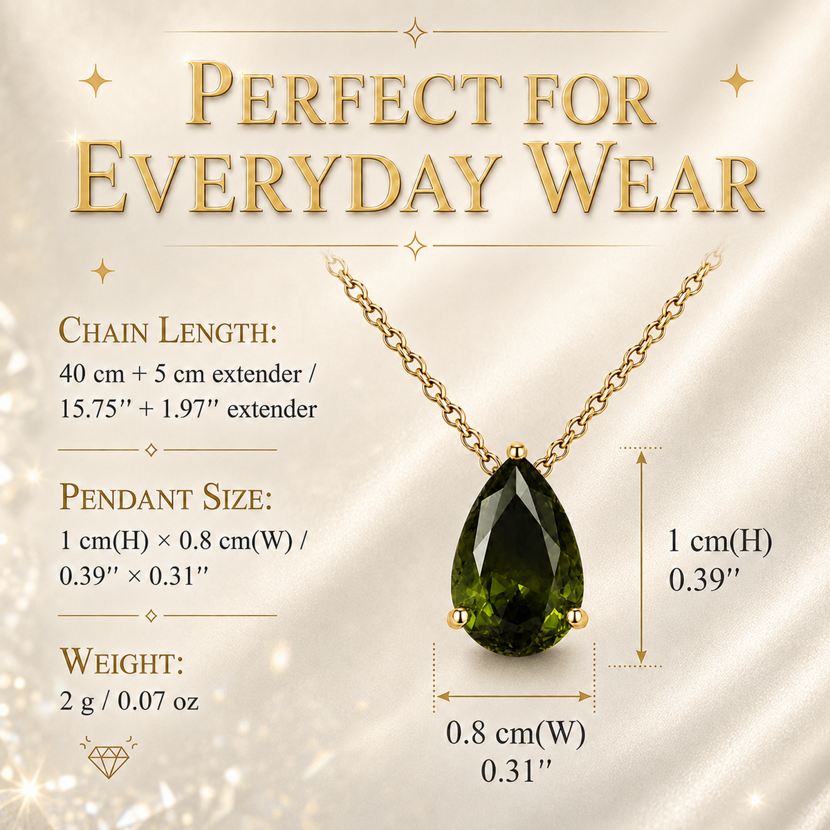 UDROZE August Olive Green teardrop birthstone necklace - necklace dimensions