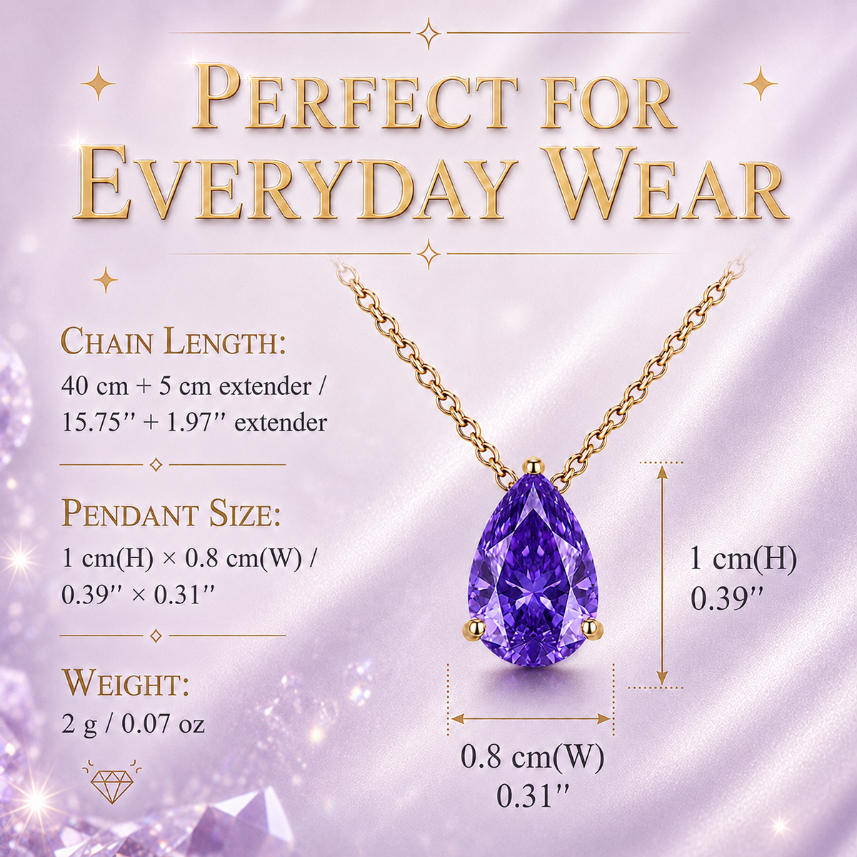 UDROZE December Lavender Purple teardrop birthstone necklace - necklace dimensions