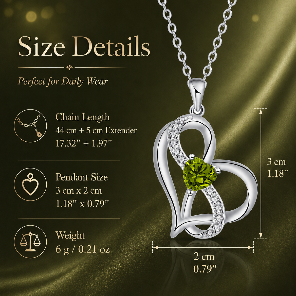 Udroze August Heart Birthstone Necklace for Women Peridot Heart Necklace - image 3